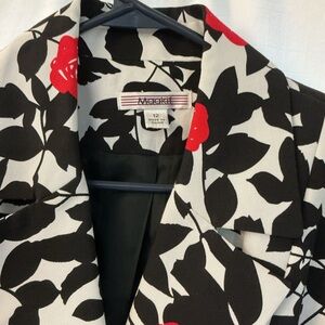 Maakif Black and White Blazer with Red Floral Accents. Self tie belt.